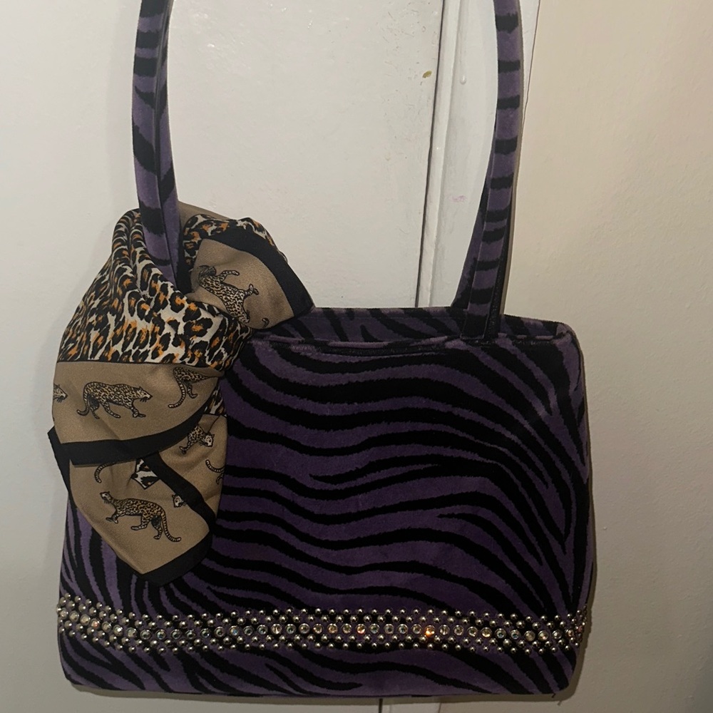Purple Zebra Print Women's Bag with Scarf Accent